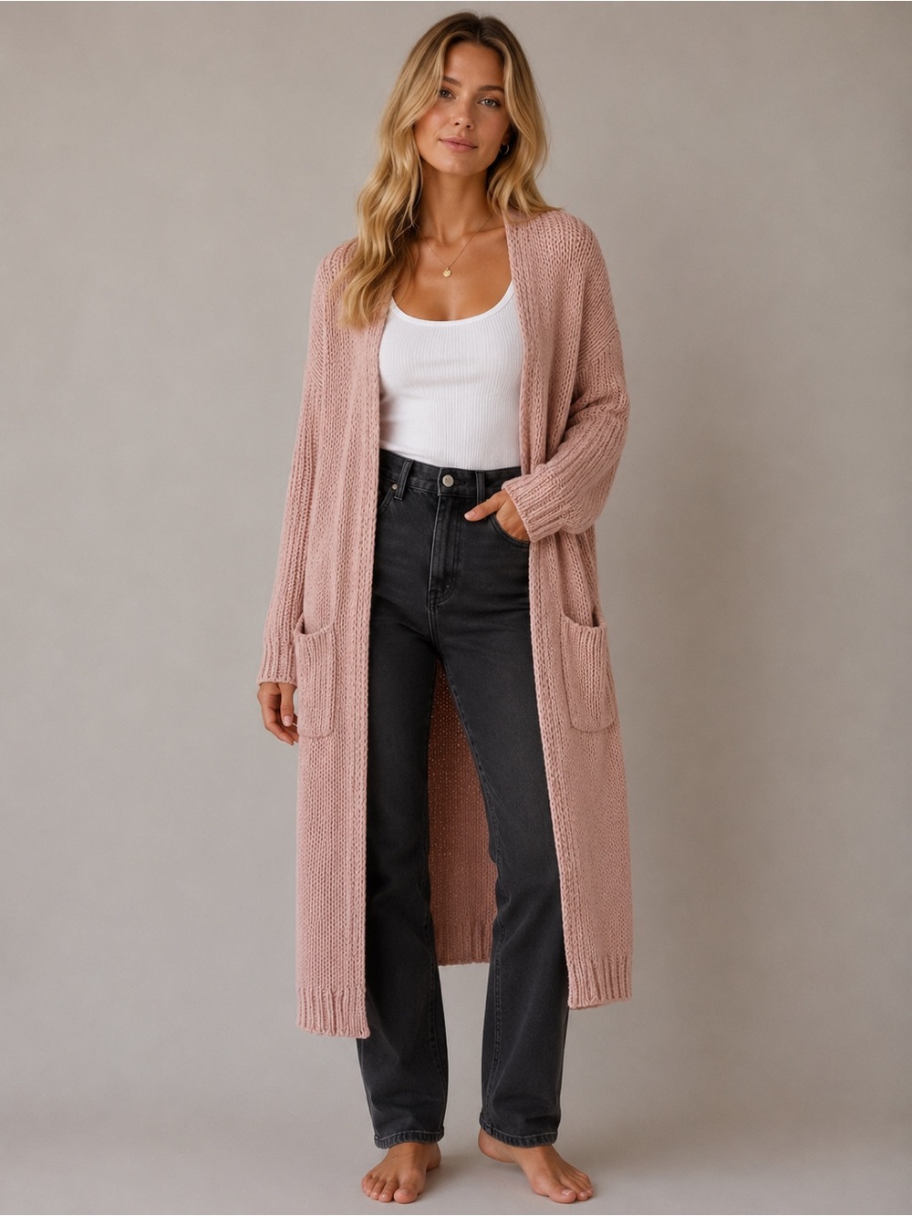 Show Me Your MuMu Longline Open-Front Cardigan in Dusty Pink